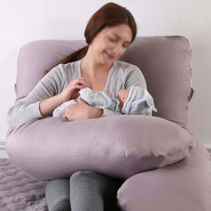 Cuscino per la gravidanza a forma di U, cuscino ergonomico per allattamento e maternità, supporto per tutto il corpo, velluto grigio, 130x70 cm Etichetta