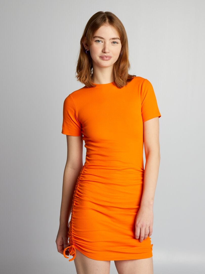 Vestido canelado com cordões laterais - LARANJA