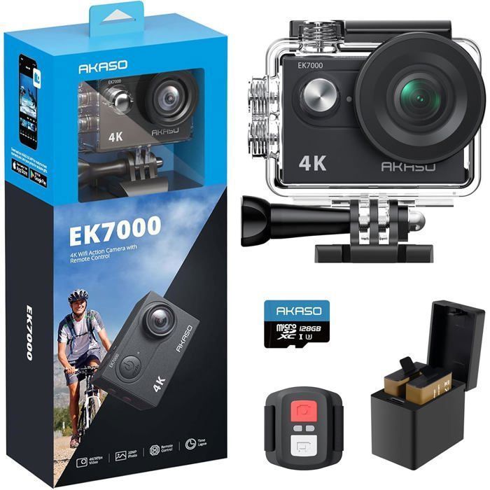AKASO EK7000 Caméra Sport 4K 30fps 20MP WiFi avec Carte Mémoire microSDXC 128Go, Action Camera 4k Étanche jusqu'à 30M Noir