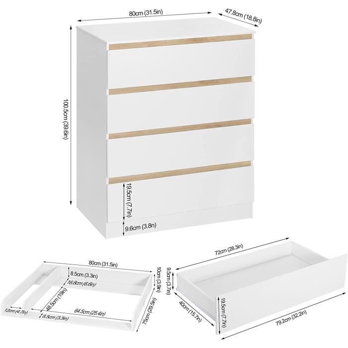 Cambiador WOLTU, cómoda cambiador para bebés con 4 cajones, MDF y madera de ingeniería, 80x75x109,2cm, blanco WT008ws