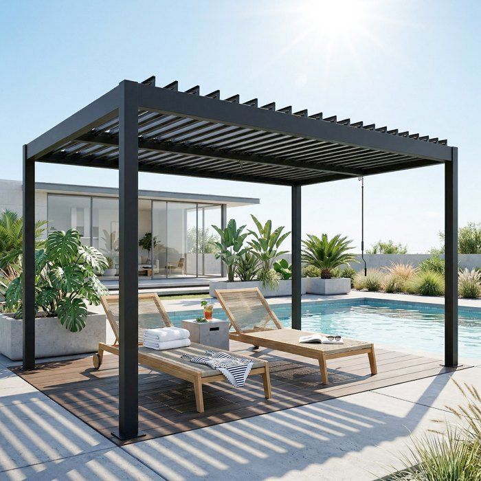 Pérgola bioclimática Outsunny - lamas ajustables, manivela - protección solar, impermeable - aluminio - 4x3m - gris oscuro