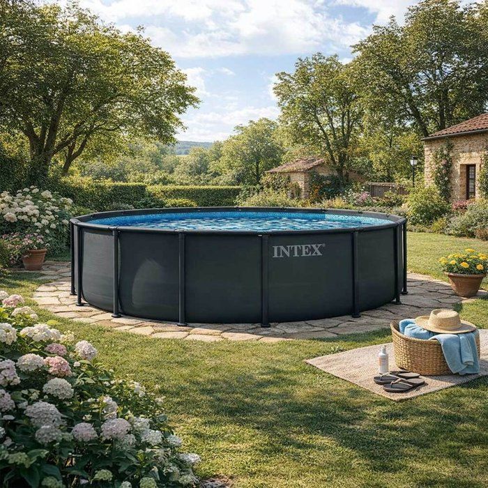 Kit de piscina tubular desmontable Intex Ultra XTR - 488 x 122 cm - Redonda (escalera, válvulas, filtro, cubierta, alfombrilla para el suelo) - 26326GS