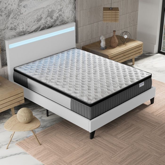 Colchón y cama (140x200cm) - Elekctra 30cm Muelles ensacados y espuma viscoelástica + Base de láminas estable y cabecero LED Blanco