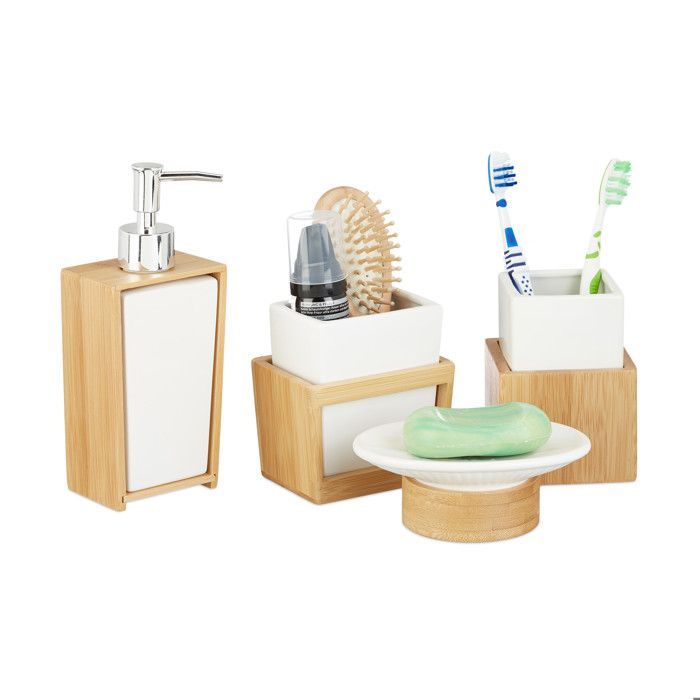 Relaxdays Accessoires salle de bain bambou céramique Set 4 pièces distributeur savon gobelet brosse à dent, nature blanc