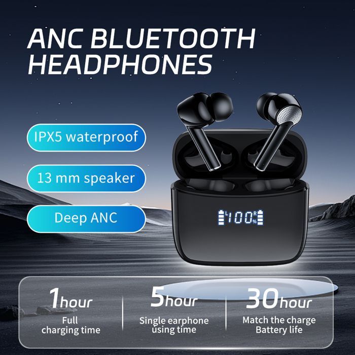 Écouteur Sans Fil  Bluetooth 5.4 ANC et ENC Casque Étanche IPX7 Stéréo 35H d'Autonomie Micro Intégré (Nori)-TOPESCT