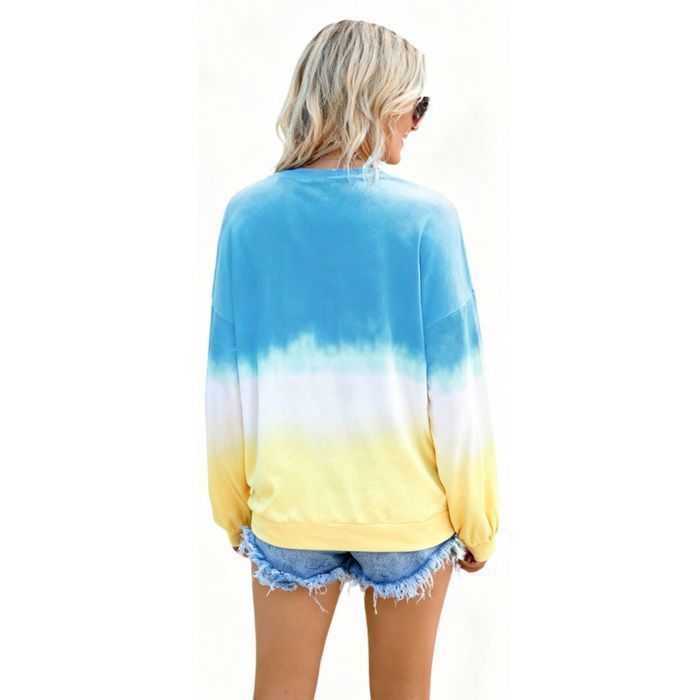 Sudadera de mujer 2025, manga larga con cuello redondo, estampado degradado arcoíris, tendencia primavera/otoño - Azul