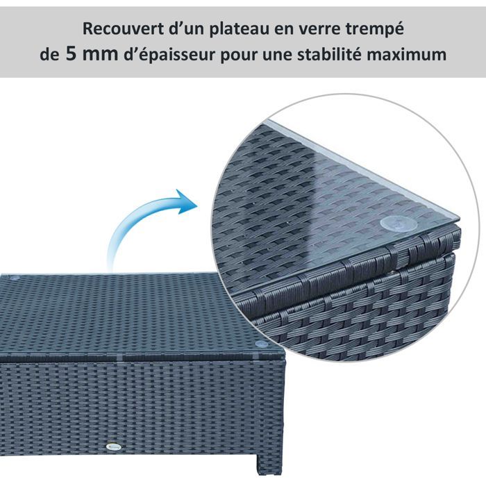 Table basse de jardin - Outsunny - plateau en verre trempé 5 mm - résine tressé - max. 50 kg - 85 x 50 x 39 cm - noir