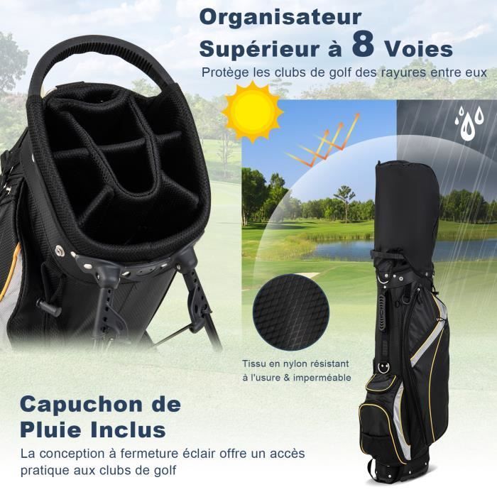 Bolsa de golf trípode COSTWAY - 8 compartimentos y múltiples bolsillos - Bolsa de nailon con soporte - Para palos o vacaciones - 28 x 21 x 89,5 cm - Negra