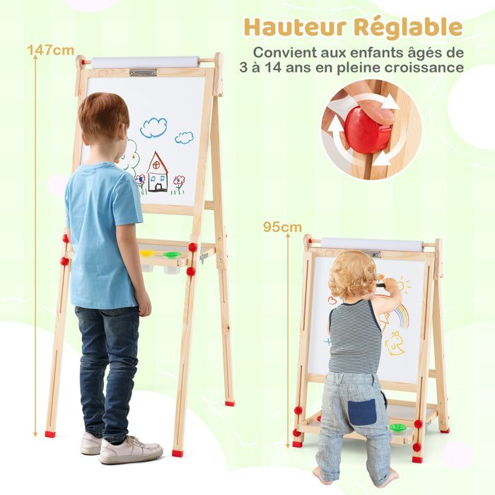 Tableau Enfants COSTWAY 88 Accessoires 2 Faces (Blanc & Noir),1 Rouleau de Papier, Chevalet d'Art en Bois 3-14 Ans