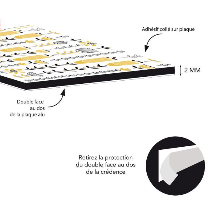 Crédence SEVENTY en aluminium adhesive - 60 cm x 70 cm - Jaune, blanc et noir - Face arrière autocollante - Fond de hotte