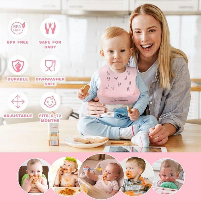 Bavoir Bébé Silicone,2Pcs Bavoirs Pour Bébé En Silicone Super Doux Bavoir D'alimentation Silicone avec Ramasse-miettes