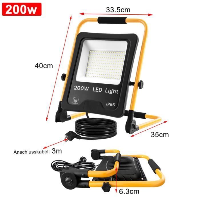 Foco LED de 200 W - HENGMEI - Blanco frío - Resistente al agua IP66 - Soporte ajustable - Uso en exteriores