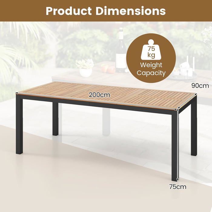 GOPLUS Garden Dining Table - 8 Person Seats - 200x90CM Tabletop with Parasol Hole in Acacia Wood - 75KG Load Capacity - Straight Legs