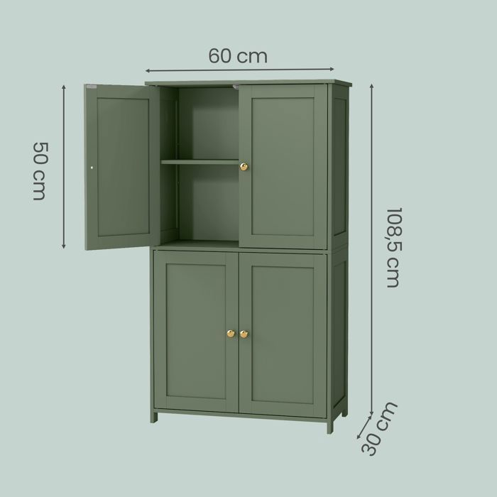 Armoire de Salle de bain avec 4 Portes, 60 x 30 x 108.5 cm, Meuble de Rangement,Placard de Cuisine,2 Étagères Réglables, Vert