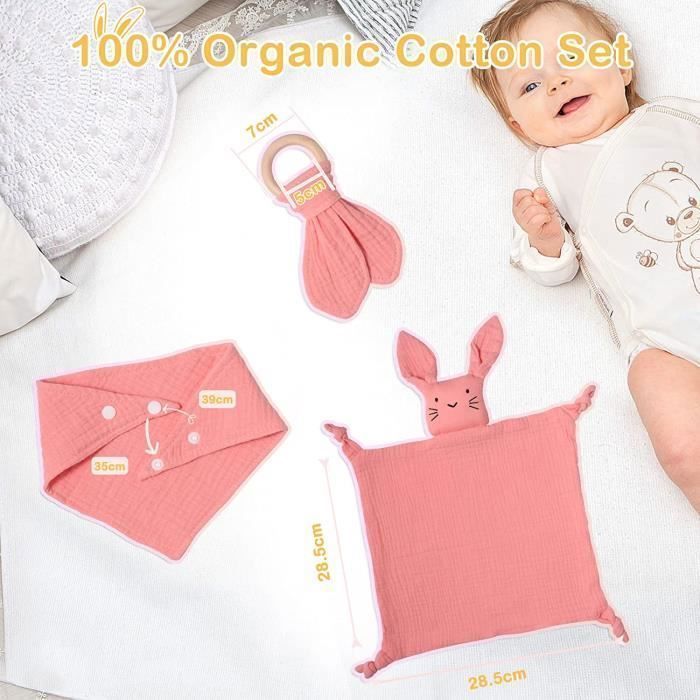 Conjunto de 3 sets de regalo para bebé niña y niño: juguete de peluche 100% algodón suave, babero y kit de anillo de regalo en color rosa.