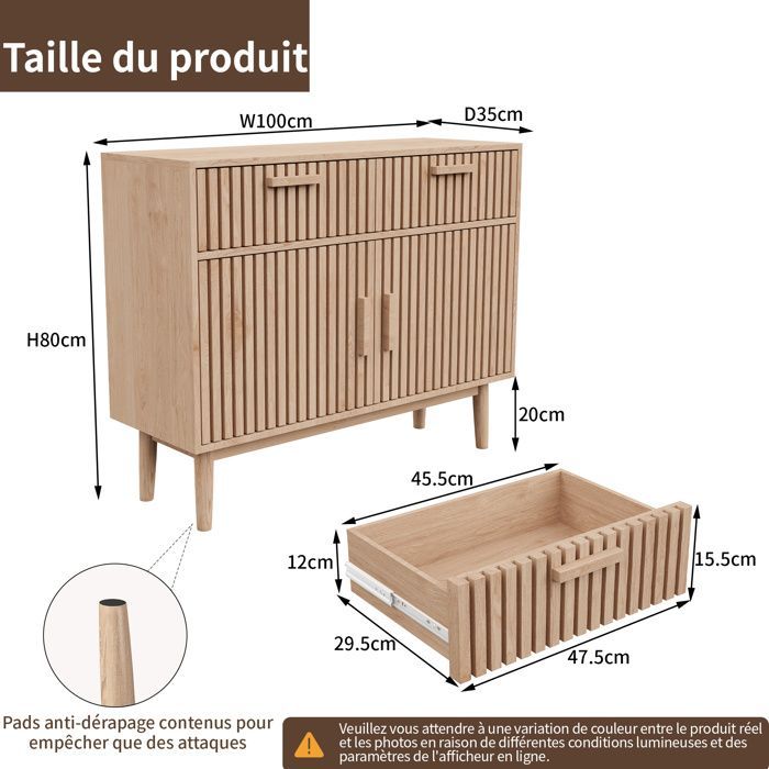 Buffet cuisine bois massif 100 x 35 x 80 cm – 2 tiroirs, 2 portes, anti-basculement – style scandinave
