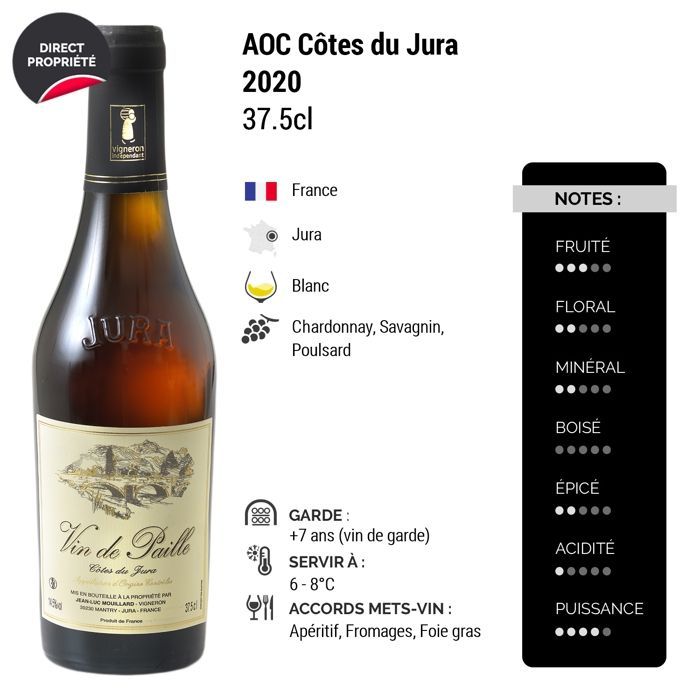 Domaine Jean-Luc Mouillard Côtes du Jura Vin de Paille MEZZA BOTTIGLIA 2020 - Vino Bianco del Giura (6x37,5cl)