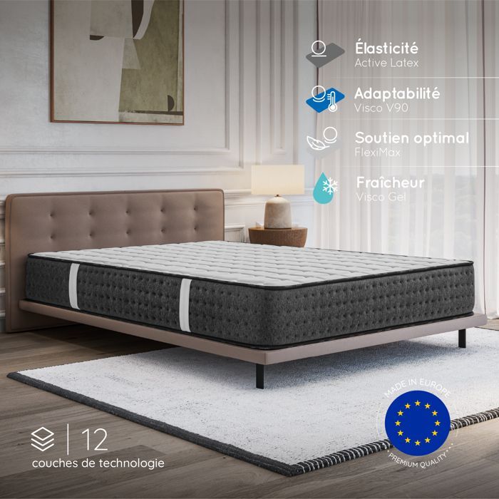 Colchón EQUINOX 140x190 cm - 24 cm - Espuma viscoelástica - 7 zonas de 35 kg y BLUE-LATEX - Ergonómico - Lado verano/invierno - Firme