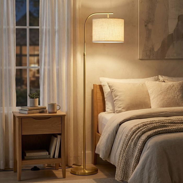 Lampadaire Arc Réglable en Hauteur, 150–175 cm, avec Interrupteur au Pied, Douille E27, Doré