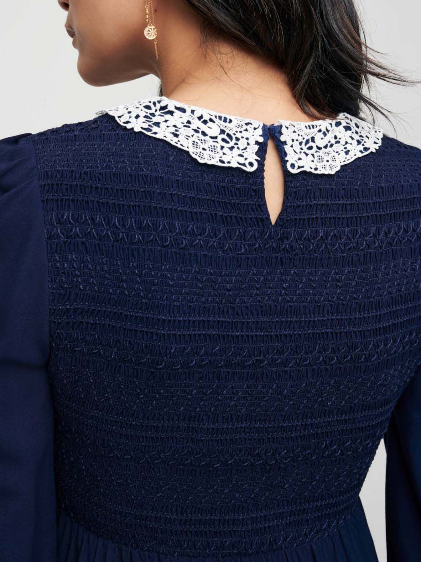 Geplooide jurk met guipure kraag - Marineblauw