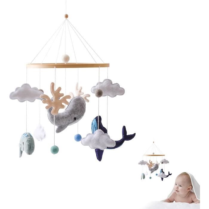 Móvil para bebé con animales marinos, bola de fieltro, habitación de bebé, animales, delfín, ballena, móvil de ganchillo de madera, nuevo animal de nube para bebé