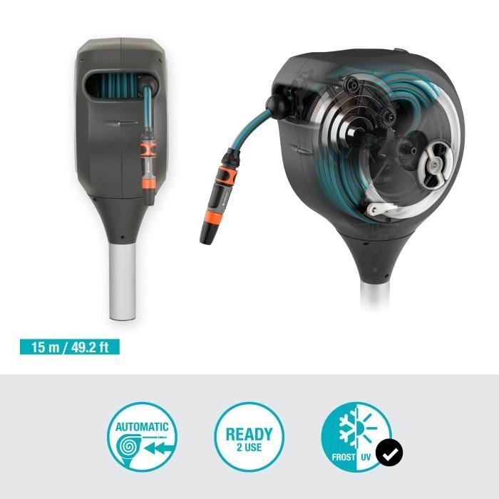 GARDENA RollUp S 15m Automatic Hose Reel with White Trim - Complete Kit - 5 Year Warranty