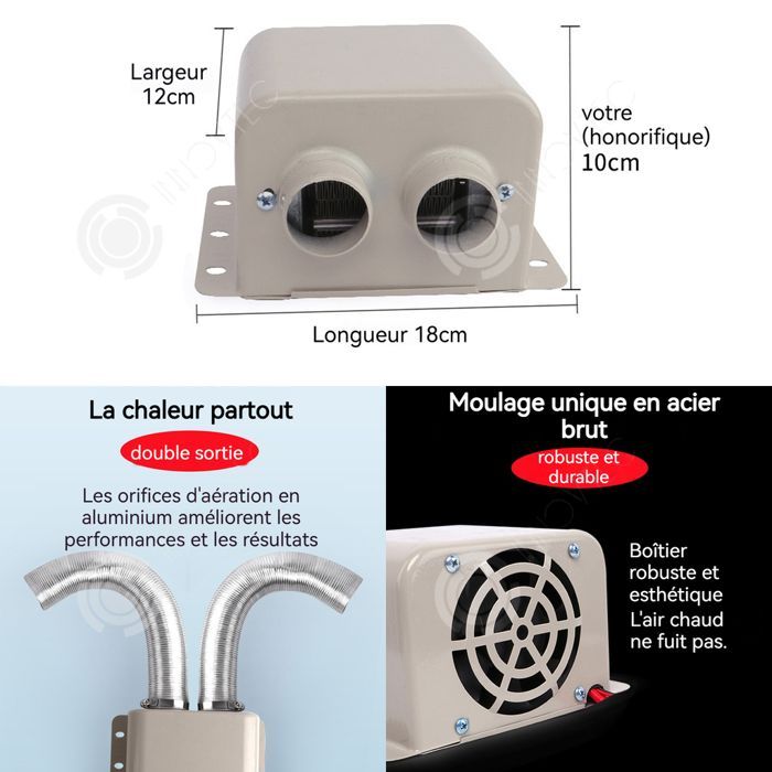 Calefactor para coche INN 18x15x10cm 800W 12V 2 salidas de aire Descongelación/Desempañado/Calentamiento rápido Protección contra sobrecalentamiento
