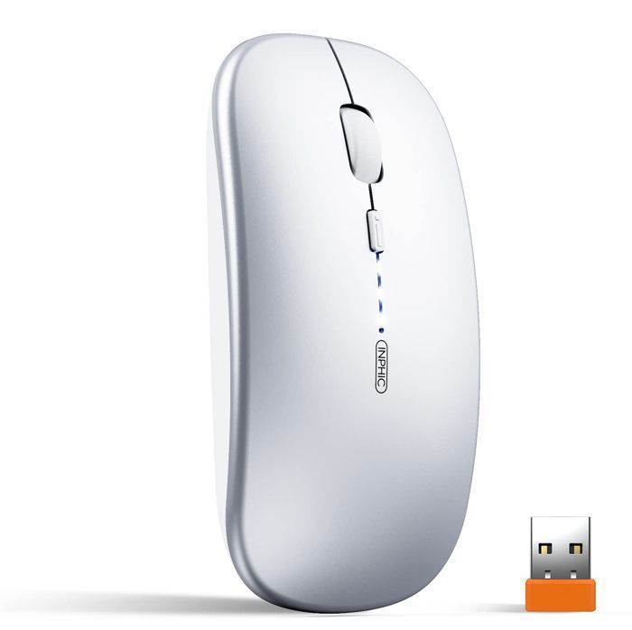 Mouse ottico wireless ricaricabile silenzioso SDLOGAL 2.4G 1600 DPI con ricevitore USB, livello batteria visibile, argento