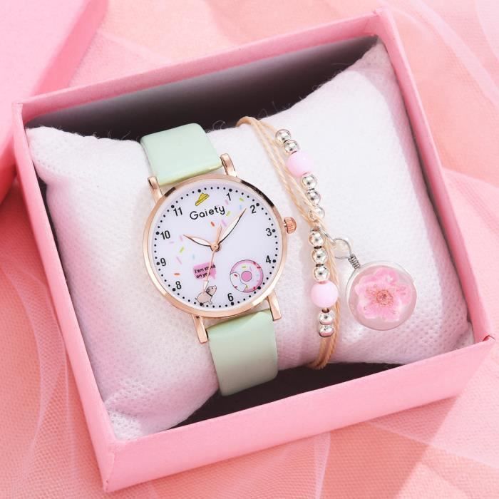 Conjunto de regalo de reloj y pulsera para niñas – Pulsera de cuero verde Sakura Fashion Lovely, regalo para niñas