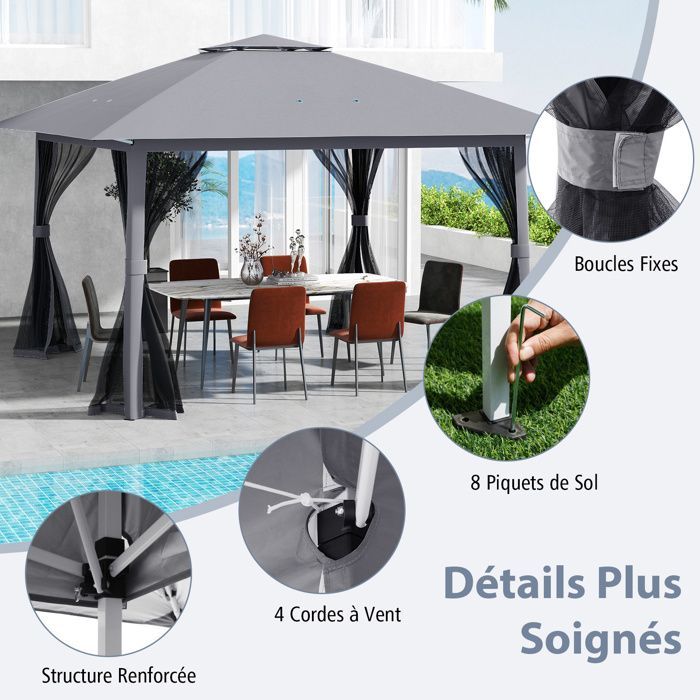 Tonnelle de Jardin Réception 394 x 394cm-COSTWAY- Pop-Up Hauteur Réglable à 3 niveaux -6 à 8 Personnes-Anti-UV Pliable pour Fête