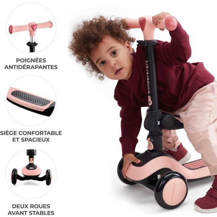 Draisienne 2 en 1 Kinderkraft HALLEY, Vélo et Trottinette 3 Roues, Guidon Réglable, Roues Lumineuses, Design Léger et Moderne, Rose