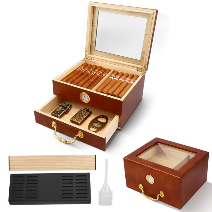 Humidor per sigari a doppio strato con cassetto, umidificatore, igrometro, divisorio e divisorio portatile per sigari.