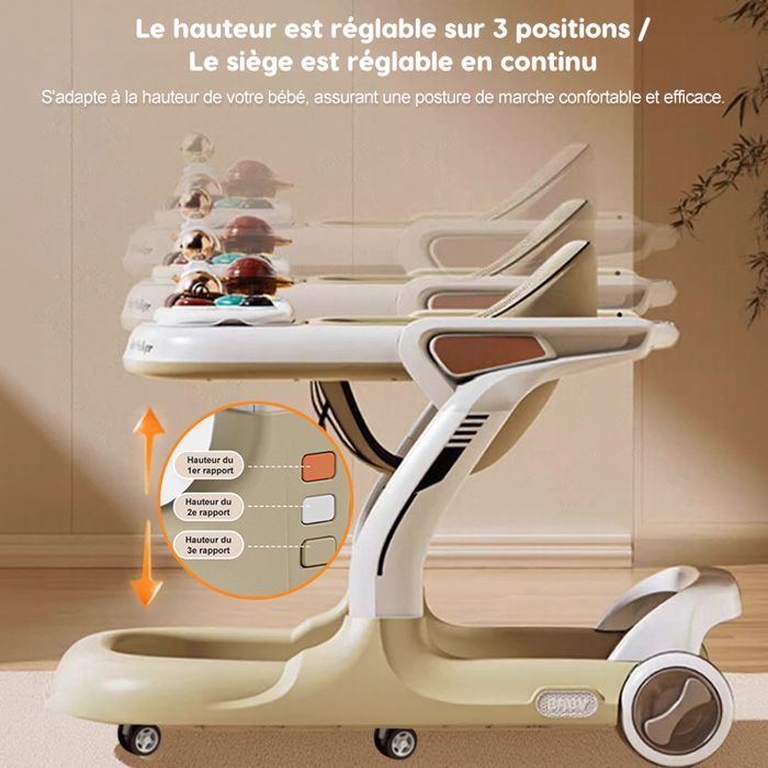 Andador convertible 2 en 1 para bebés - Altura y velocidad ajustables - Bandeja para comida, música Bluetooth, alfombra de juegos, juguete para empujar - 7-18 meses - Beige