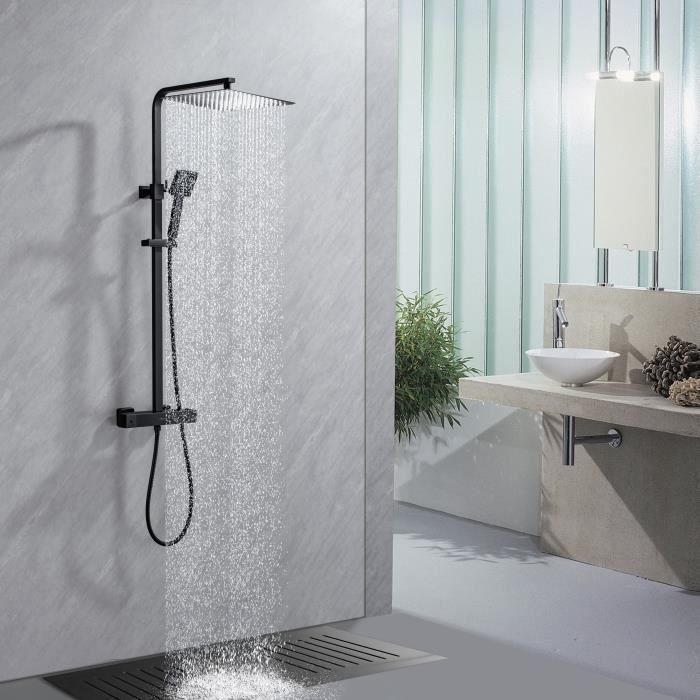 Columna de ducha OCEANIC - Mezclador termostático con cuerpo de tacto frío - Ducha de techo cuadrada de 30x30 cm - Negro mate
