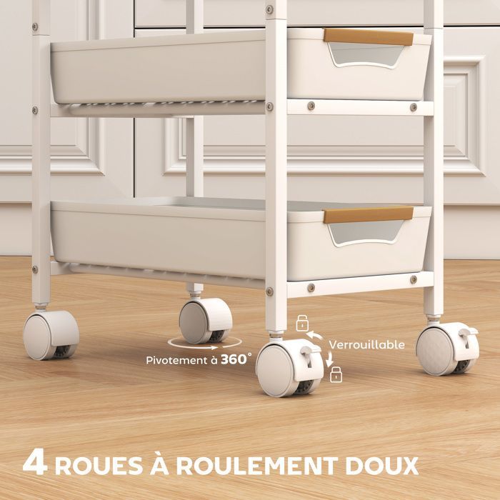 Carrito de cocina - HOMCOM - con ruedas - 5 estantes - 4 cajones deslizantes y estante de almacenamiento - blanco