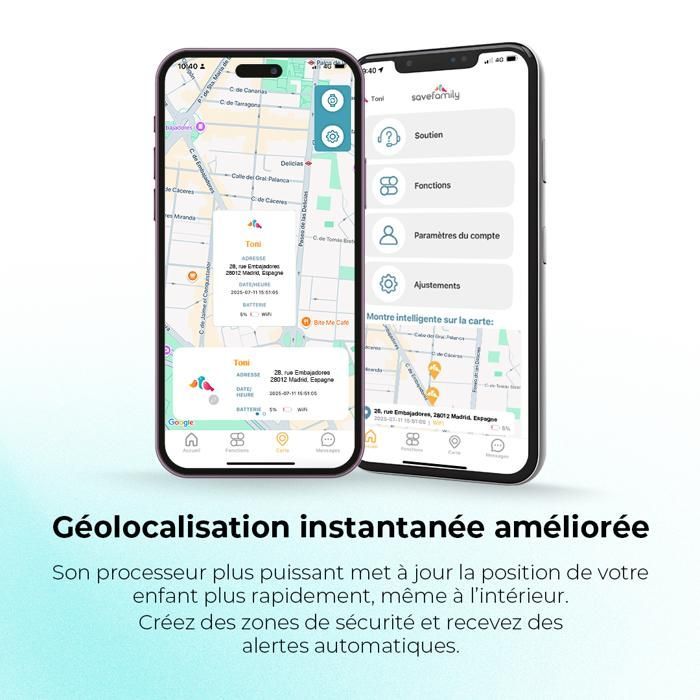 SaveFamily SaveWatch Plus 2 | Montre pour Enfant GPS, Appels, Whatsapp, App Store - Argenté et Bracelet en Silicone Maui