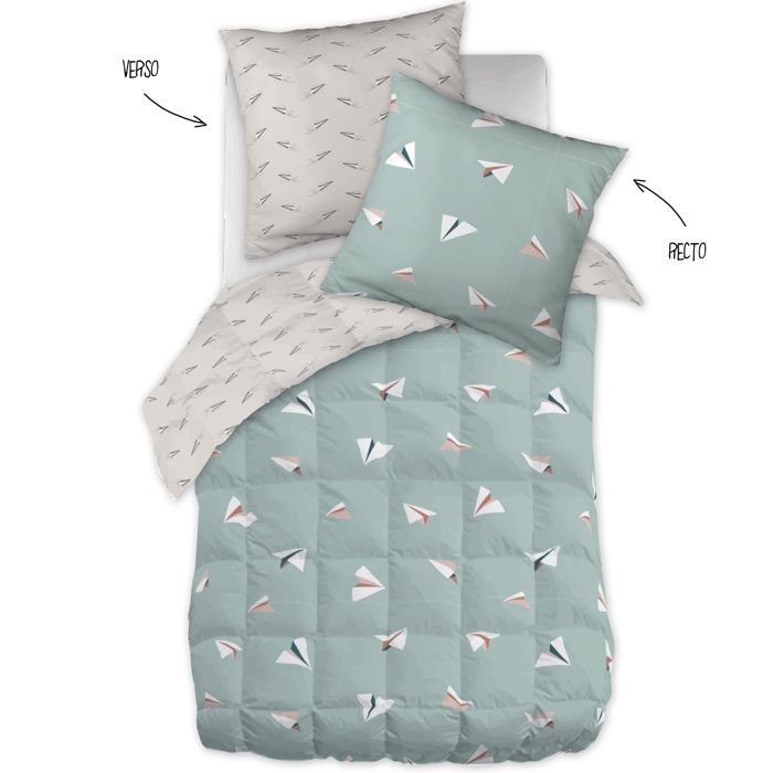 Edredón de peso medio de 200 x 200 cm + 2 fundas de almohada de 63 x 63 cm – algodón de 57 hilos – Petits Papiers