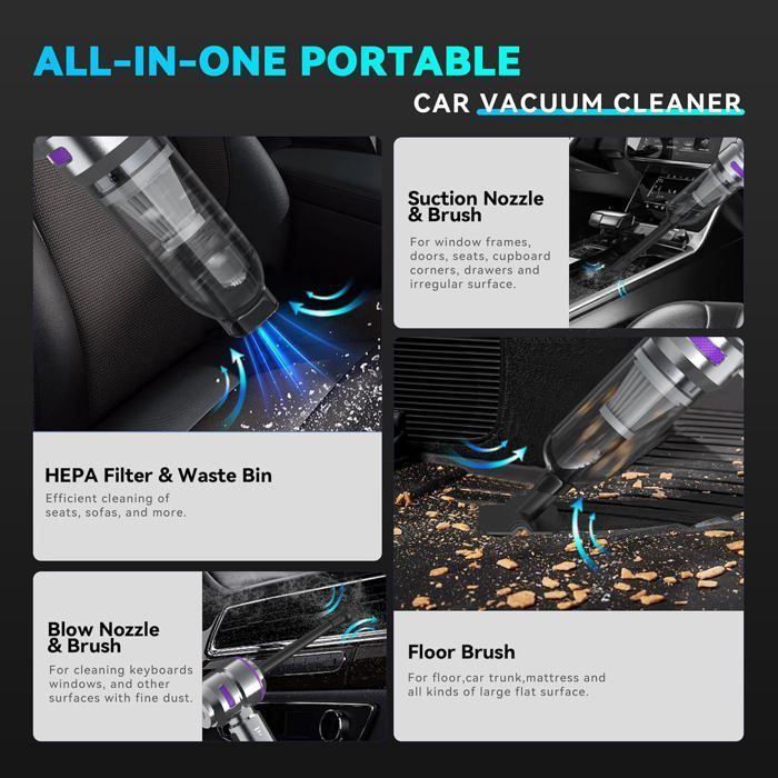 Aspirateur à Main,16000 Pa Aspirateur Voiture Puissant sans Fil, Portable USB Rechargeable, pour Voiture Animaux Maison, Argent