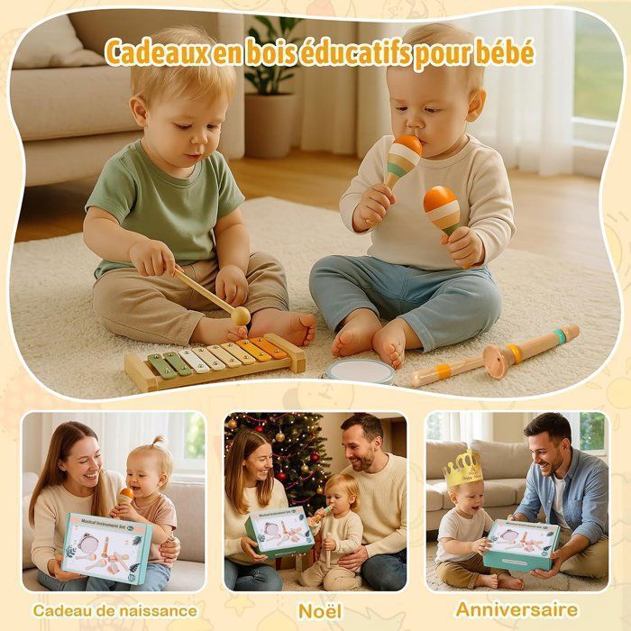 Instrument de Musique pour Enfant, Jouet en Bois Éveil Musicaux Montessori, Prise sûre, Sons clairs, Cadeau pour Enfant 1-9 Ans
