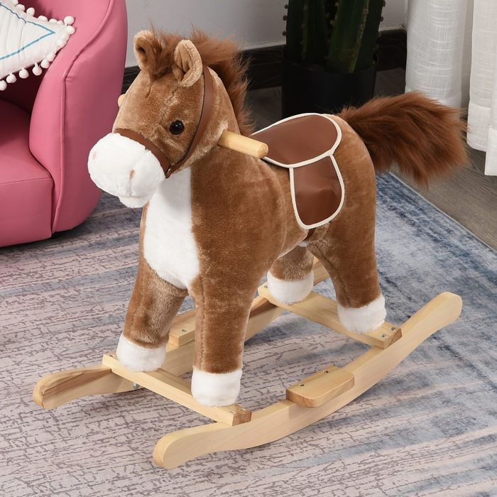 Caballo balancín - HOMCOM - silla de montar extra cómoda, suave y de felpa corta, madera de álamo, juguete infantil - madera - 65x32,5x61cm - marrón