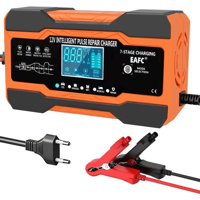Cargador inteligente de baterías para coche de 12 A y 12 V, cargador de mantenimiento para baterías de plomo-ácido, STD, AGM, gel, SLA y baterías de motocicleta.
