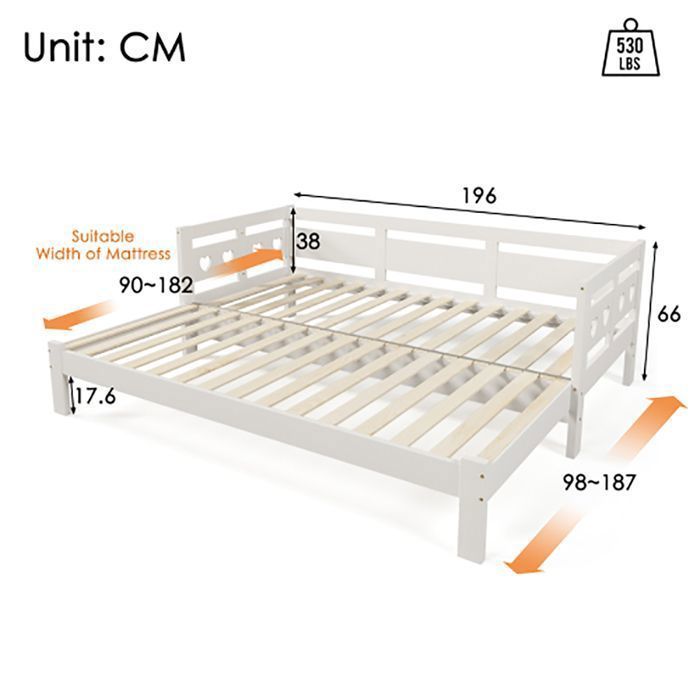 Cama de adulto, sofá cama, cama extraíble de 90x190 cm de pino macizo con segunda cama y estructura enrollable, cama en forma de corazón, blanca.
