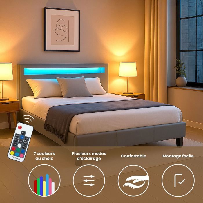 Cama doble LED de 140x190 cm con somier de láminas, cabecero cómodo, cama individual con tapicería sintética gris, PINOT