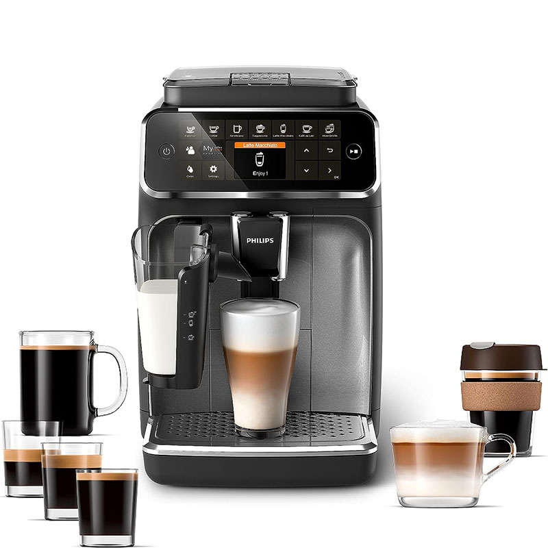 PHILIPS 4300 Serie Vollautomatischer Espressoautomat - LatteGo Milchaufschäumer, 8 Kaffeesorten, intuitives Touch-Display, Schwarz, (EP4347/94)