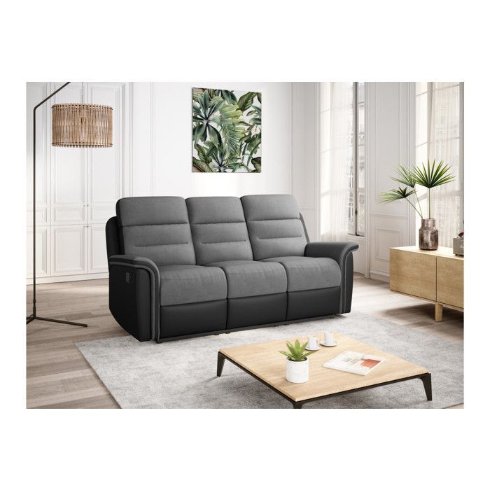 Canapé de Relaxation 3 places en Microfibre et Simili LÉON - Gris et Noir - L191 x 94 x 100cm - LOUNGITUDE