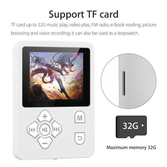 Lecteur de musique MP3 MP4 portable avec radio FM, écran LCD numérique, prend en charge une carte TF jusqu'à 32 Go, prend en charge