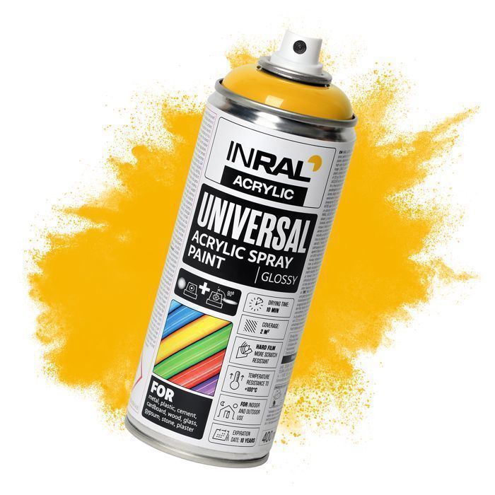 Peinture acrylique aérosol INRAL RAL1023 jaune signalisation brillant – séchage rapide, protection durable int./ext. – 400 ml