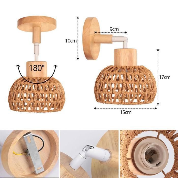IDEGU - 2 lámparas de pared retro para interiores, apliques de pared ajustables de ratán y madera, luz de techo, estilo D, ratán marrón, Ø15 cm