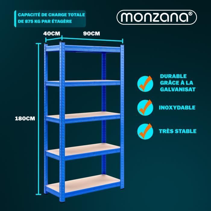 MONZANA® 2 estanterías de alta resistencia, color azul, 5 niveles, 180x90x40cm, estanterías metálicas, capacidad máxima 875kg, almacenamiento para garaje/taller.