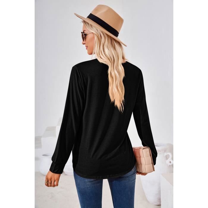 Jersey de manga larga plisado con cuello cuadrado para mujer, corte holgado, color liso cómodo para primavera y otoño - Talla europea - Negro